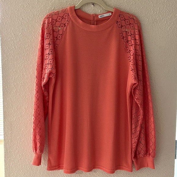 Miholl crochet lace blouse XL In A Pretty Peach Color. Preowned crew neck - Picture 8 of 11